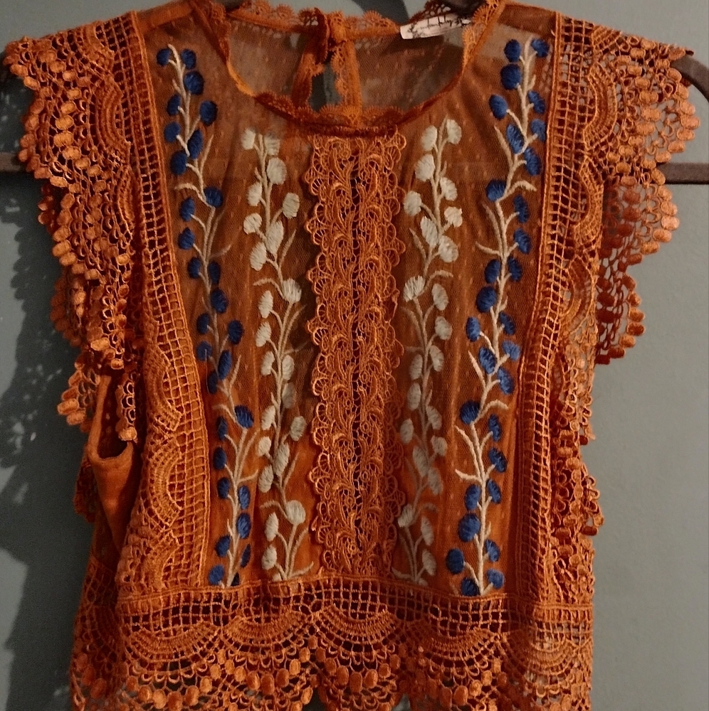 Free People Orange Lace Blouse with Blue and White Embroidery
